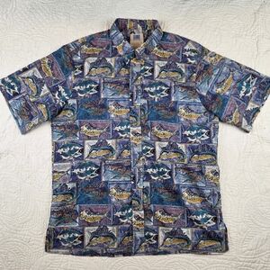 Kahala Men's Hawaiian Shirt L 100% Cotton Fish Marlin Mahi-mahi Blue Multicolor